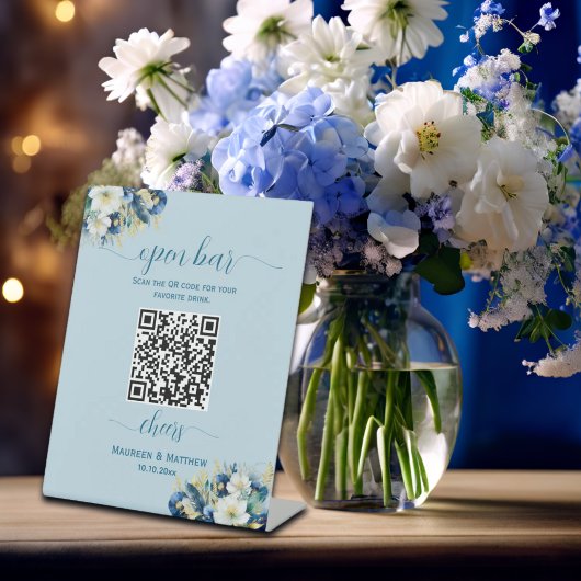 Dusty Blue Gold QR Code Wedding Open Bar Menu Sockelschild