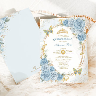 Dusty Blue Gold Quinceanera Mis Quince 15 Anos Einladung