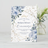 Dusty Blue Gold Quinceañera Save The Date (Stehend Vorderseite)