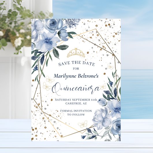 Dusty Blue Gold Quinceañera Save The Date
