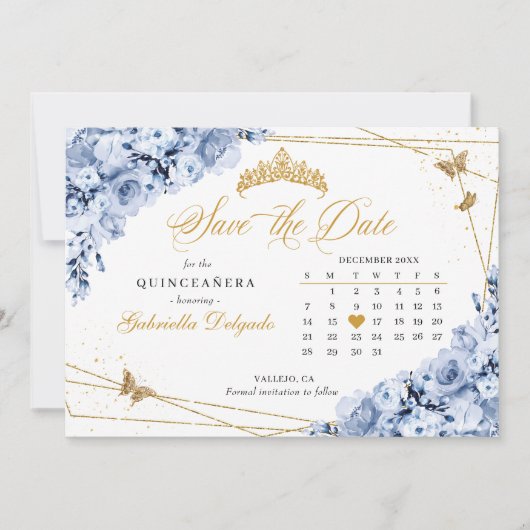 Dusty Blue & Gold Quinceañera Save the Date Einladung (Vorderseite)
