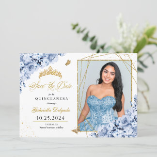 Dusty Blue & Gold Quinceañera Save the Date Foto Einladung