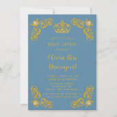 Dusty Blue & Gold Royal Crown Damask Brautparty Einladung (Vorderseite)