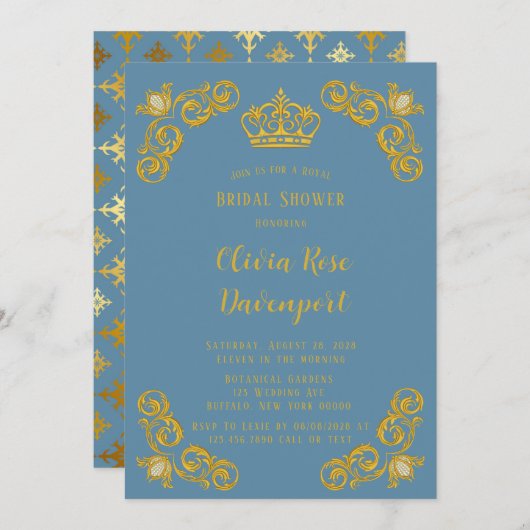Dusty Blue & Gold Royal Crown Damask Brautparty Einladung (Vorne/Hinten)