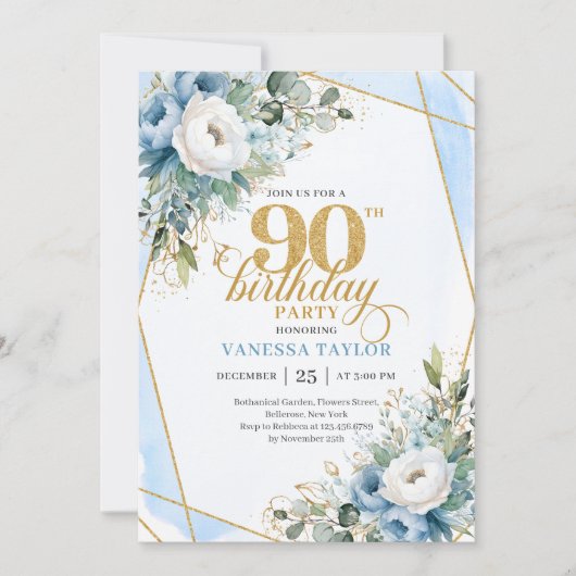 Dusty blue gold script frame modern 90th birthday einladung (Vorderseite)