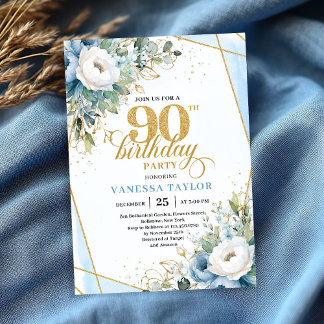 Dusty blue gold script frame modern 90th birthday einladung