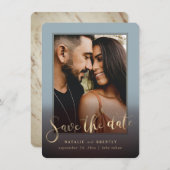 Dusty Blue Gold Script & Marble Foto Overlay Save The Date (Vorne/Hinten)