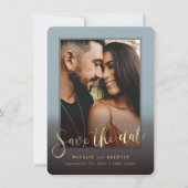 Dusty Blue Gold Script & Marble Foto Overlay Save The Date (Vorderseite)