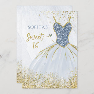 Dusty Blue Gold Sparkle Dress Sweet 16 Geburtstag Einladung