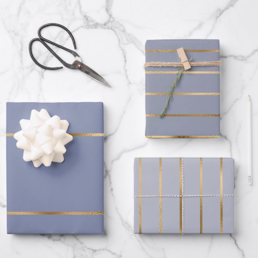 Dusty Blue Gold Streifen Muster Geschenkpapier Set (Vorderseite)