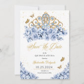 Dusty Blue & Gold Tiara Save the Date Quinceañera Einladung (Vorderseite)