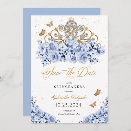 Dusty Blue & Gold Tiara Save the Date Quinceañera Einladung (Vorne/Hinten)