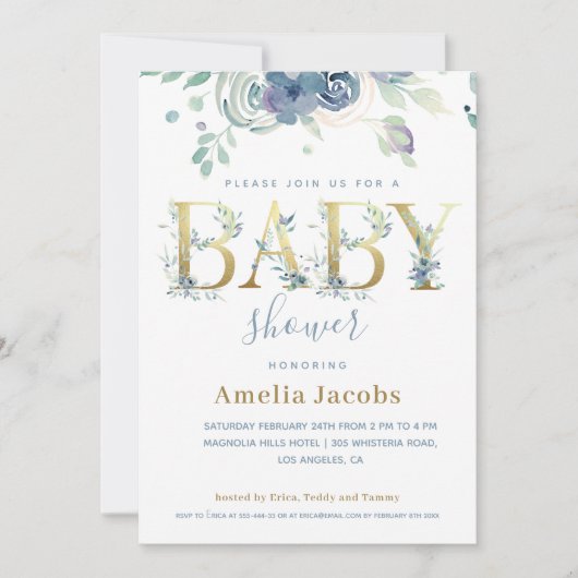 Dusty Blue Gold Watercolor Floral Baby (Vorderseite)