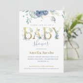 Dusty Blue Gold Watercolor Floral Baby (Stehend Vorderseite)