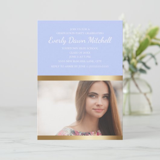Dusty Blue Gold White Stripe Graduation Party Save The Date (Stehend Vorderseite)