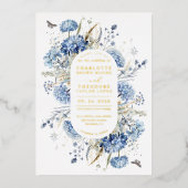 Dusty Blue & Gold Wildblume Rustikale Chic Wedding Folieneinladung (Vorderseite)