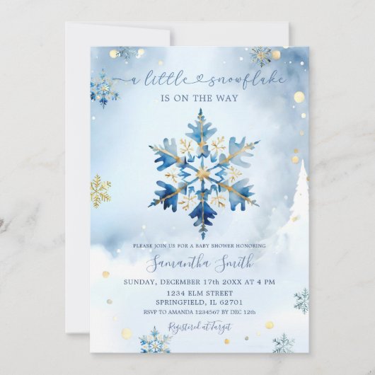 Dusty Blue Gold Winter Snowflake Babydusche Einladung (Vorderseite)