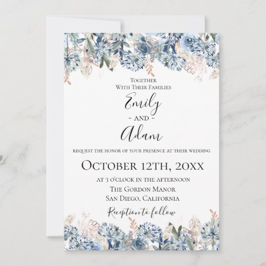 Dusty Blue Golden Botanical Wedding Einladung (Vorderseite)