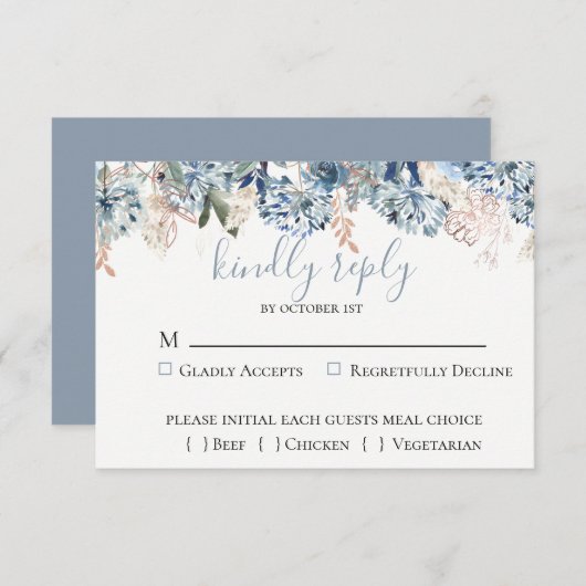 Dusty Blue Golden Botanical Wedding RSVP Card (Vorne/Hinten)