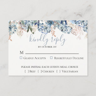 Dusty Blue Golden Botanical Wedding RSVP Card Karte
