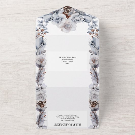 Dusty Blue Graue Wintereis Rose Kiefernkegel Hochz All In One Einladung (Außenbereich)