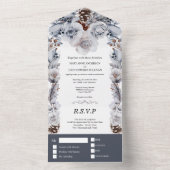 Dusty Blue Graue Wintereis Rose Kiefernkegel Hochz All In One Einladung (Innen Boden)