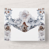 Dusty Blue Graue Wintereis Rose Kiefernkegel Hochz All In One Einladung (Rückseite)