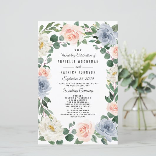 Dusty Blue Gray Blush Pink Peach Hochzeitsprogramm (Stehend Vorderseite)