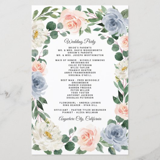 Dusty Blue Gray Blush Pink Peach Hochzeitsprogramm (Rückseite)