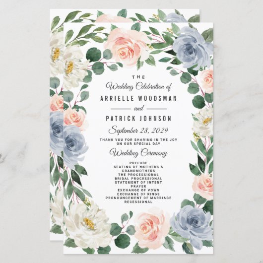 Dusty Blue Gray Blush Pink Peach Hochzeitsprogramm (Vorne/Hinten)