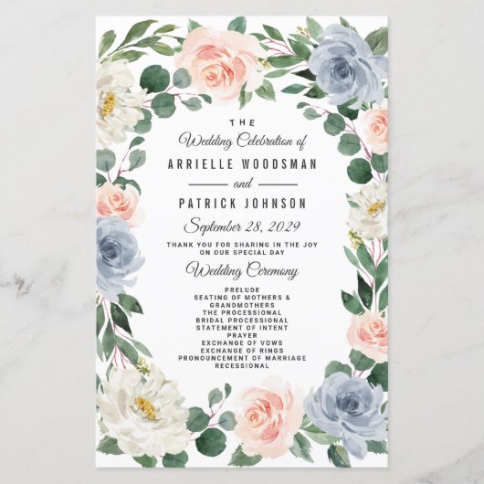 Dusty Blue Gray Blush Pink Peach Hochzeitsprogramm (Vorderseite)