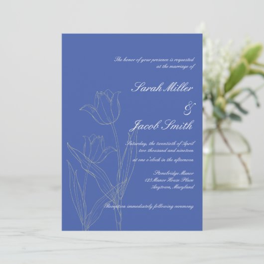 Dusty Blue & Gray Minimalistisch Tulip Wedding Einladung (Stehend Vorderseite)