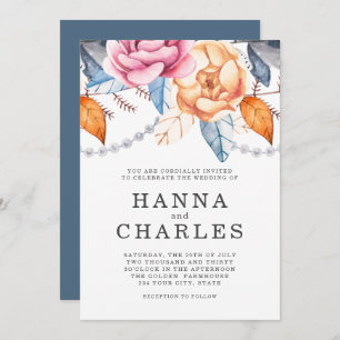 Dusty Blue Gray Orange Watercolor Floral Wedding Einladung