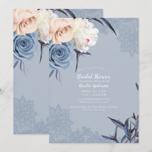 Dusty Blue Gray & Peach Floral Lace Brautparty Einladung