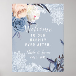 Dusty Blue Gray & Peach Floral Lace Wedding Sign Poster