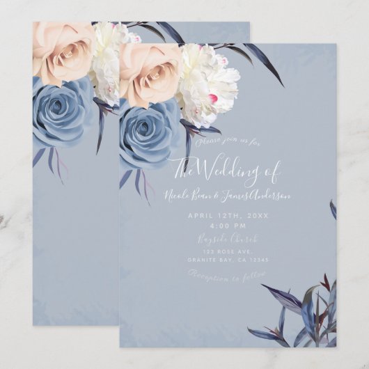 Dusty Blue Gray & Peach Floral Wedding Einladung (Vorne/Hinten)