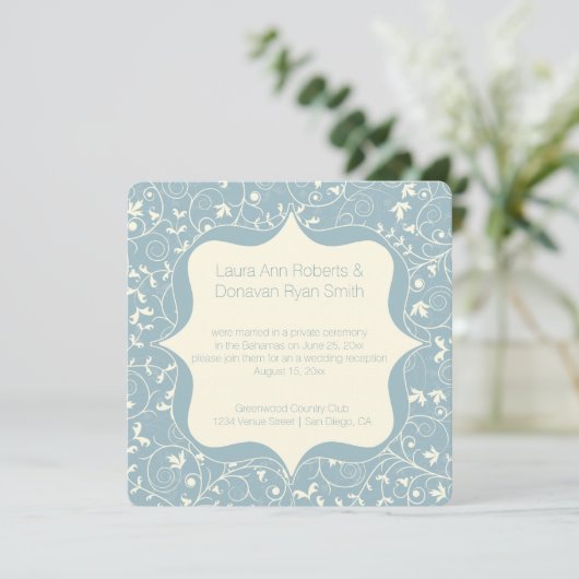 Dusty Blue Gray und Elfenbein Empfang Einladung (Stehend Vorderseite)