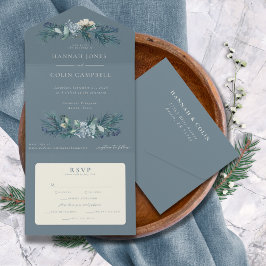 Dusty Blue Gray Winter Floral Wedding All In One Einladung