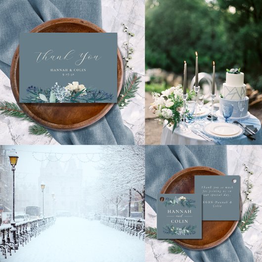 Dusty Blue Gray Winter Floral Wedding All In One Einladung