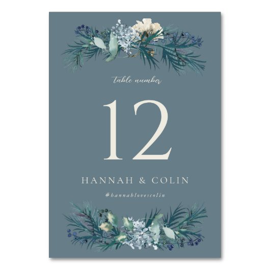 Dusty Blue Gray Winter Floral Wedding Tischnummer (Vorderseite)