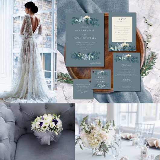 Dusty Blue Gray Winter Floral Wedding Weinetikett