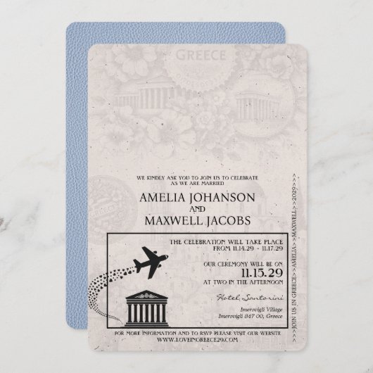 Dusty Blue Greece Passport Hochzeitseinladung Einladung (Vorne/Hinten)