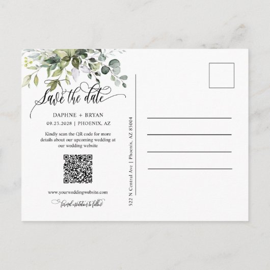 Dusty Blue Green Blätter QR-Code Save the Date Ankündigungspostkarte (Rückseite)