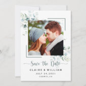 Dusty Blue Green Blätter Wedding Save the Date (Vorderseite)