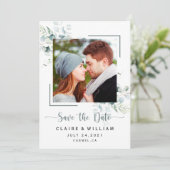 Dusty Blue Green Blätter Wedding Save the Date (Stehend Vorderseite)