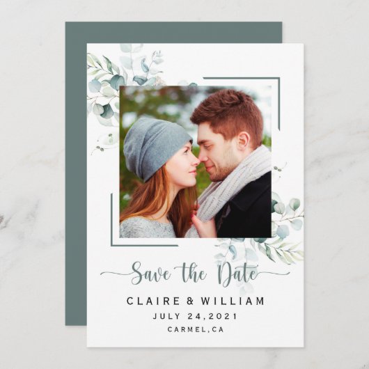 Dusty Blue Green Blätter Wedding Save the Date (Vorne/Hinten)