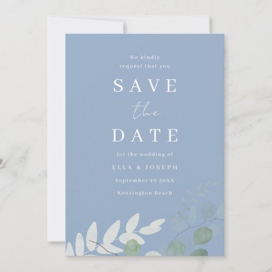 Dusty Blue Green Leaf Elegance Wedding Save The Date (Vorderseite)