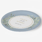 Dusty Blue Greenerage Foliage Gold Wedding Pappteller (Schrägansicht)