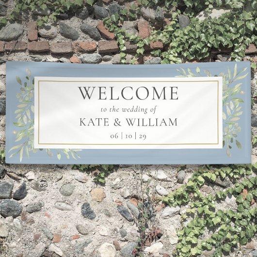 Dusty Blue Greenerage Foliage Wedding Willkommen Banner