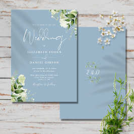 Dusty Blue Greenerity Blätter Monogram Wedding Einladung